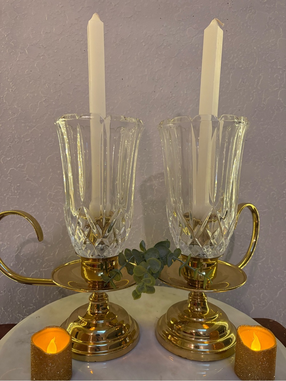 Vintage Crystal and Brass Candelabra Set